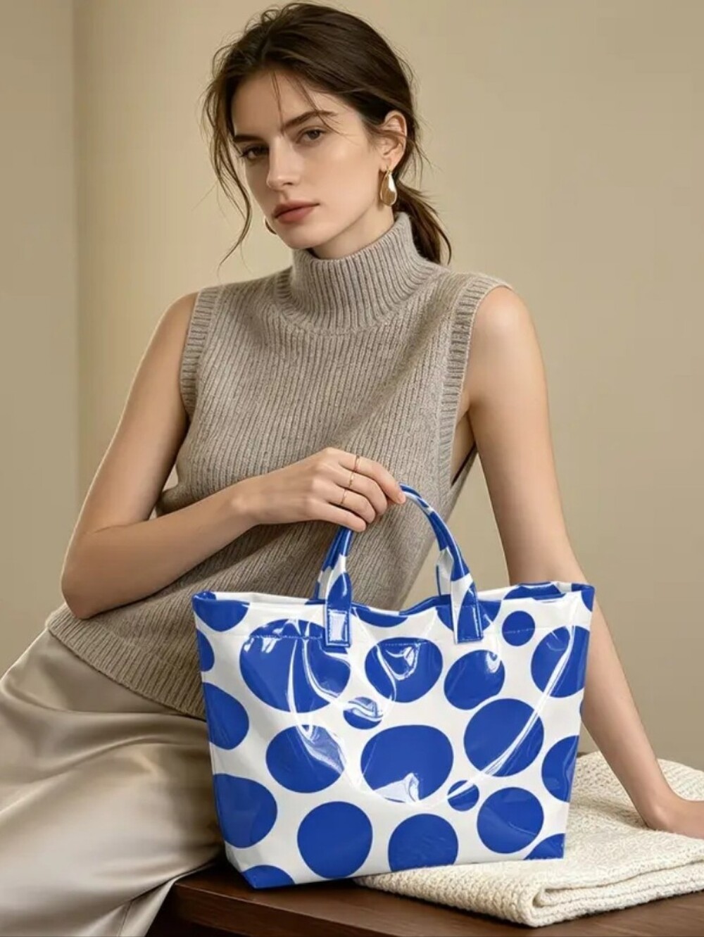 Women Daily Commute Polka Dot Tote Hand Bag PVC